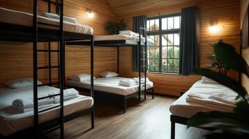 A bunk bed with white sheets and black ladder photo