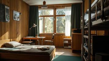 A bedroom with a bed, desk, and window photo