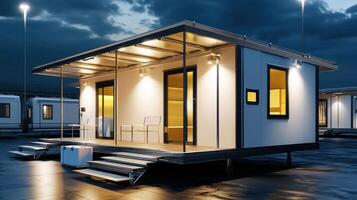 A small house with a porch and lights on photo