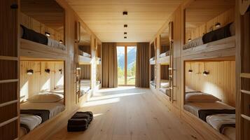 A long hallway with bunk beds in it photo