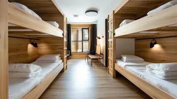 A bunk bed in a room with white sheets photo