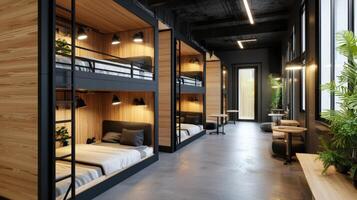 Bunk beds in a modern office with wood walls photo