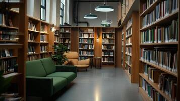 A library with a green couch and bookshelves photo