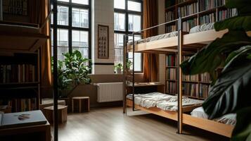 A bunk bed in a room with bookshelves photo