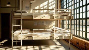 A bunk bed in a room with a window photo