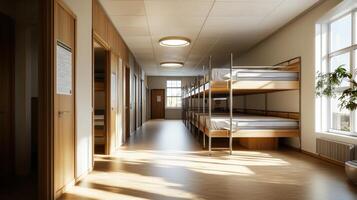 A long hallway with bunk beds and a window photo