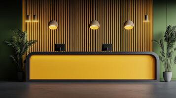 A reception desk with yellow and black accents photo