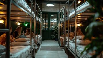 A group of people sitting on bunk beds in a room photo