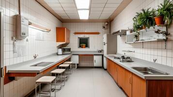 A long narrow kitchen with a sink, a stove, and a sink photo