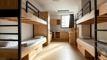 A bunk bed in a room with a kitchen photo