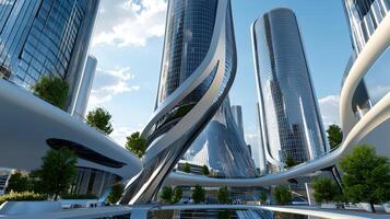 A futuristic city with tall buildings and a waterway photo