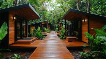 A walkway leads to two wooden cabins in the jungle photo