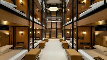 A long hallway with many beds and a stairway photo