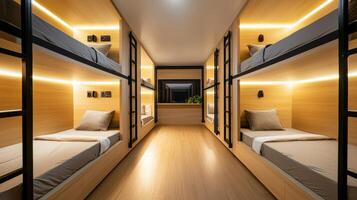 A long row of bunk beds in a room photo