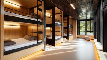 Bunk beds in a modern room with windows photo
