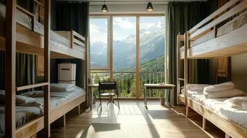 A bunk bed room with a window and a desk photo