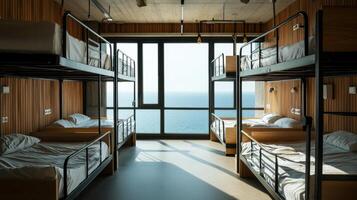 Bunk beds in a room with a view of the ocean photo