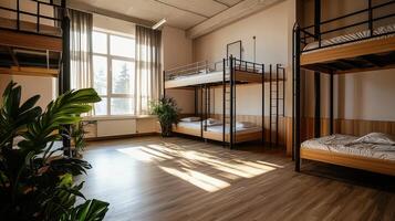 A bunk bed room with two beds and a plant photo