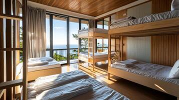 A bunk bed with two beds and a window overlooking the ocean photo