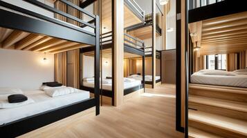 Bunk beds in a modern room with wooden floors photo