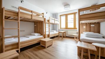 A bunk bed room with wooden bunk beds photo