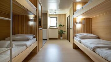 A long hallway with bunk beds and a plant photo