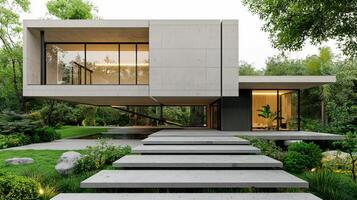 Modern house in the woods with steps leading to the front door photo
