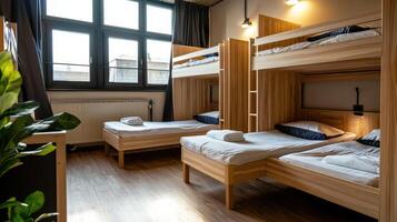 A bunk bed room with three beds and a plant photo
