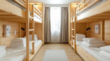 A bunk bed with white sheets and a mat photo