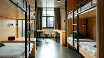 A bunk bed in a room with a desk and a window photo