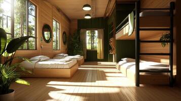 A bedroom with bunk beds and a window photo