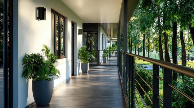 A balcony with plants and a railing photo