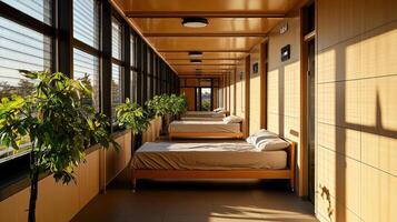 A long hallway with beds and plants on the wall photo