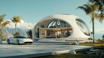 A futuristic house with a car in front of it photo