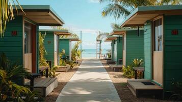 A walkway leads to a beach with green cabins photo