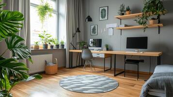 A home office with a desk, plants and a window photo