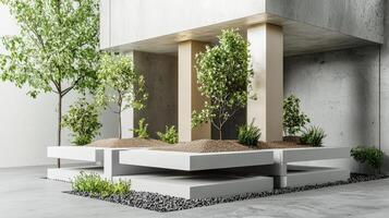 A modern concrete building with a large planter photo