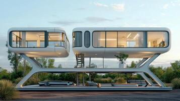 The futuristic house is made of glass and metal photo
