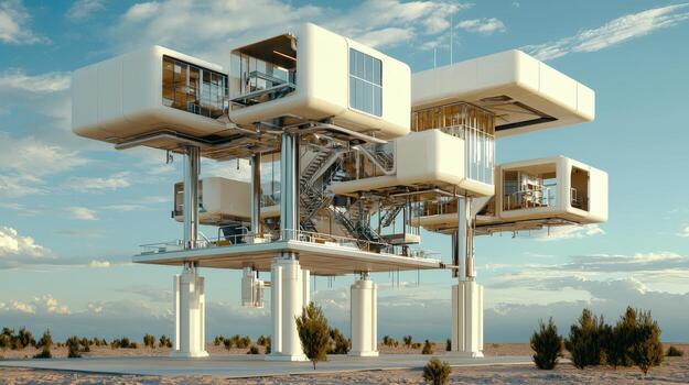 A futuristic building with multiple floors in the desert photo