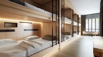 A modern bunk bed in a room with wooden walls photo