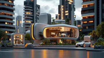 A futuristic house in the middle of a city photo