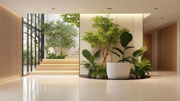 A modern hallway with a large plant in a planter photo