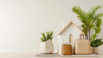 Home interior with house, suitcase and plants 3d rendering photo