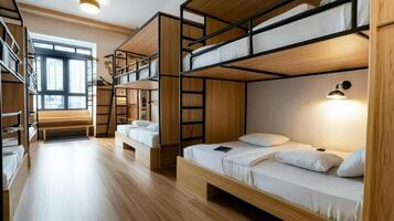 A bunk bed with white sheets and wooden floors photo