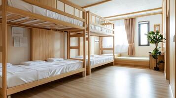 A bunk bed with white sheets and a window photo