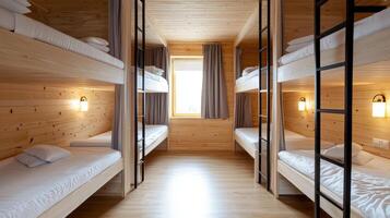 Bunk beds in a room with wooden walls and windows photo