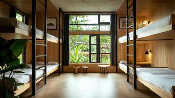 A bunk bed in a room with windows and plants photo