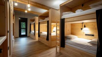 Bunk beds in a room with wooden walls and floor photo