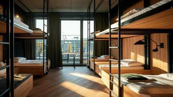 A bunk bed in a room with windows and a wooden floor photo