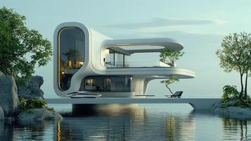 A futuristic house on the water with a car photo